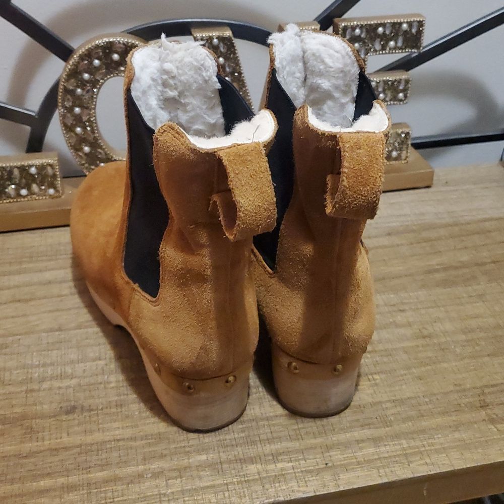 J. Crew Womens Suede Faux-fur Lined Wooden Clog Platform Chelsea Boots Sz 6 Boho - Picture 4 of 11